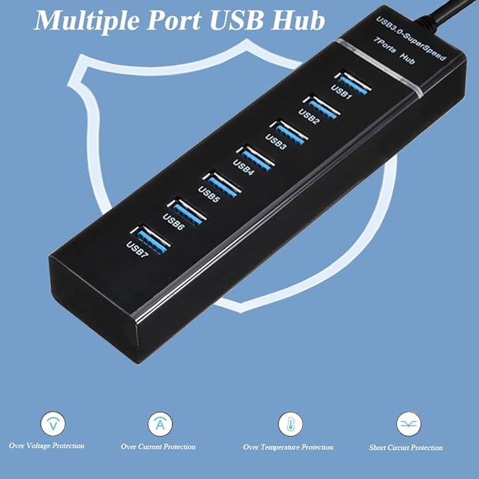 2 Pack 7 Ports USB Hub, Multiple Port USB Adapter with Indictor Light, High Speed Data Transmission Docking Station, Compatible with Mouse, Keyboard, Printer, Windows, MacOS, Linux