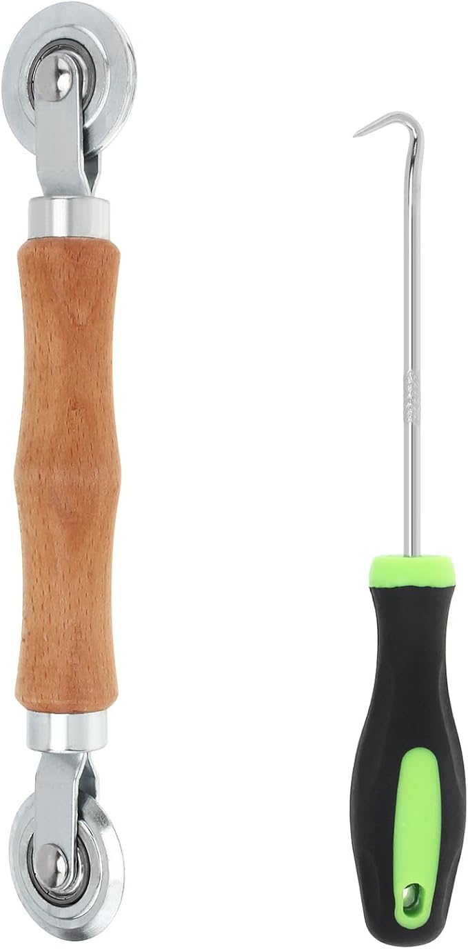 Screen Repair Kit, Screen Roller Tool with Bearing Spline Roller Wooden Handle and Puller Hook for Installing Door Screen Window, 2 in 1 Screen Roller Tool Kit