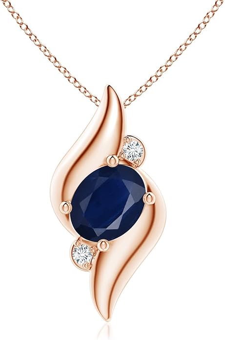 Angara Natural Blue Sapphire Pendant for Women | Shell Style Oval Sapphire and Diamond Pendant in 14K Solid Gold/Silver/Platinum With 18" Chain | September Birthday, Gemstone Jewelry Gift