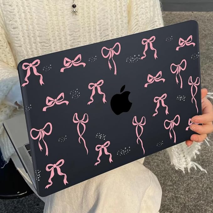 for MacBook Air 13 inch Case 2021 2020 2019 2018 Release M1 A2337 A2179 A1932, Pritned Pattern Plastic Hard Case Cover for MacBook Air 13 M1 with Retina Display Touch ID, Pink Bowknot Black