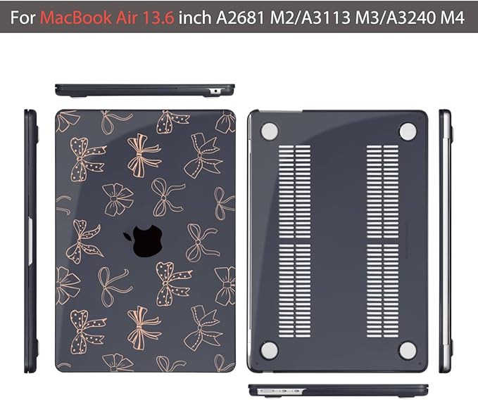 Teryeefi for M4 M3 M2 MacBook Air 13 inch Case 2025 2024 2023 2022 Release A3240 A3113 A2681 Model, for 13.6 inch MacBook Air Hard Shell Case + Keyboard Cover + Type C Adapter, Golden Bowknot-103