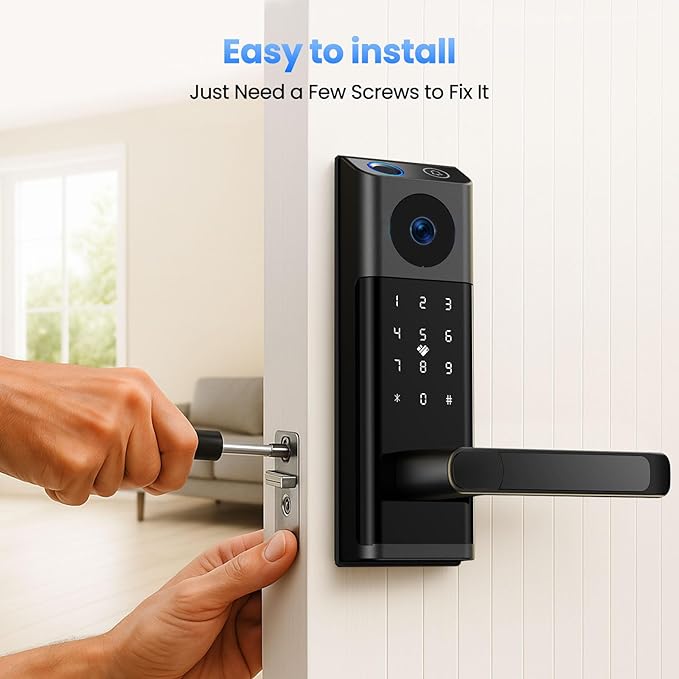 CAMCAMP WiFi Video Smart Lock with Camera & Doorbell, Keyless Entry Door Lock with Handle for Front Door, Five Ways to Unlock Fingerprint, App, Key, Fob, Keypad, Auto Lock, Easy to Install