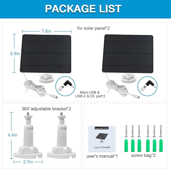 Solar Panel for Security Camera,5W USB Solar Panel for Cameras DC 5V,Camera Solar Panel Charger Micro USB & USB-C & DC,IP65 Waterproof Solar Panels with 9.8ft Cable,Adjustable Security Mount(2 Pack)
