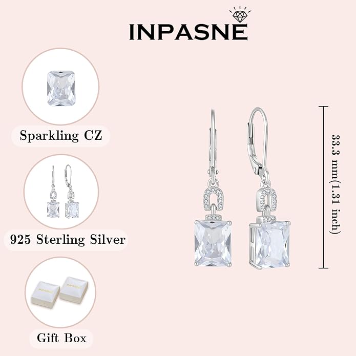 Emerald Cut Earrings 925 Sterling Silver Baguette Birthstone Dangle Drop Leverback Earrings Jewelry Gifts for Women