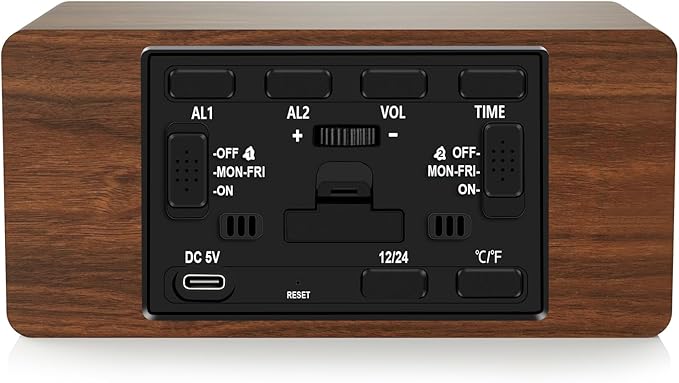 MOSITO Digital Wooden Alarm Clock with Wireless Charging, 0-100% Dimmer, Dual Alarm, Weekday/Weekend Mode, Snooze, Wood LED Clocks for Bedroom, Bedside, Desk, Kids (Brown)