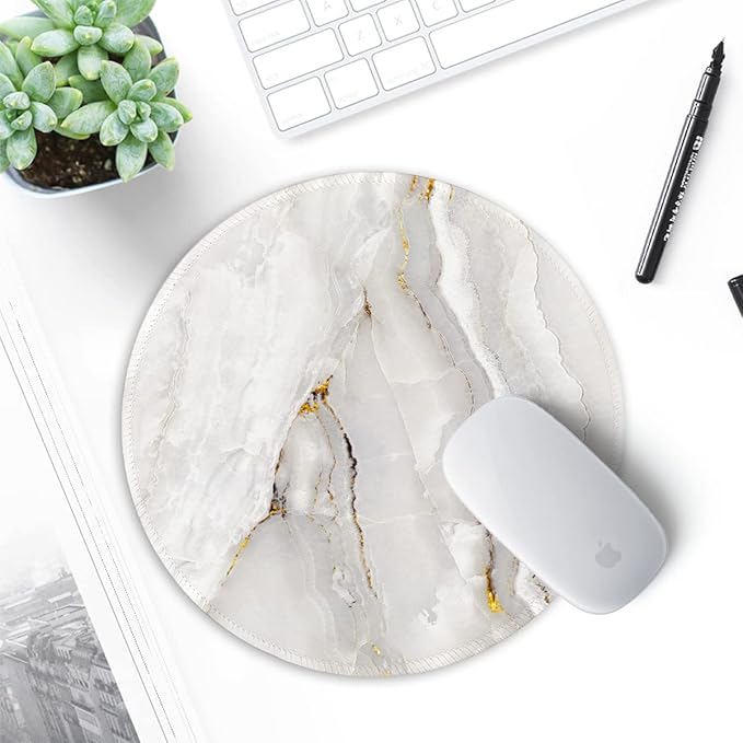 ITNRSIIET Round Mouse Pad with Stitched Edge Premium-Textured Waterproof Non-Slip Rubber Base Desktop Protection Mat Diameter 8.7 inches, White Textured Marble