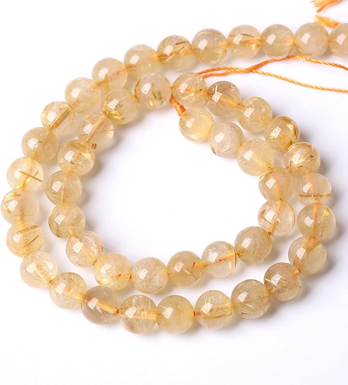 8MM 45PCS Natural Stone Golden Rutile Quartz Beads Gemstone 2A Grade Actinolite Semi Precious Crystal Loose Beads for Jewelry Making DIY Bracelet Necklace 1 Strand