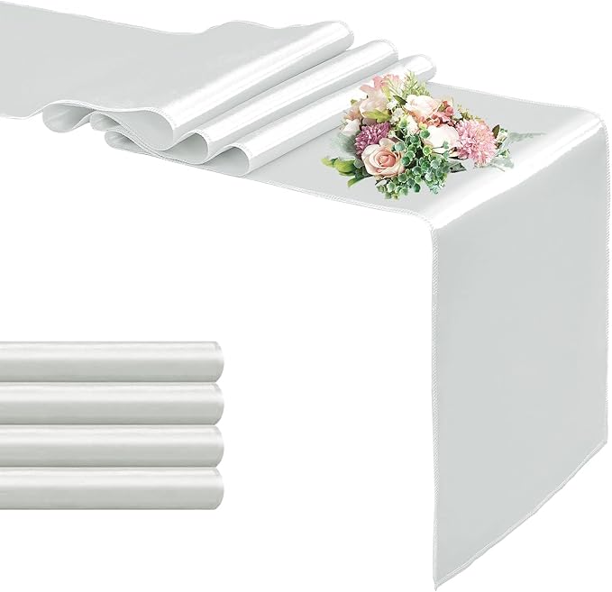 5 Pack Satin Table Runner Silver 12 x 108 Inch Long,Satin Silk Table Runner for Wedding,Birthday Party and Banquet(Silver,5 Pack), Sliver