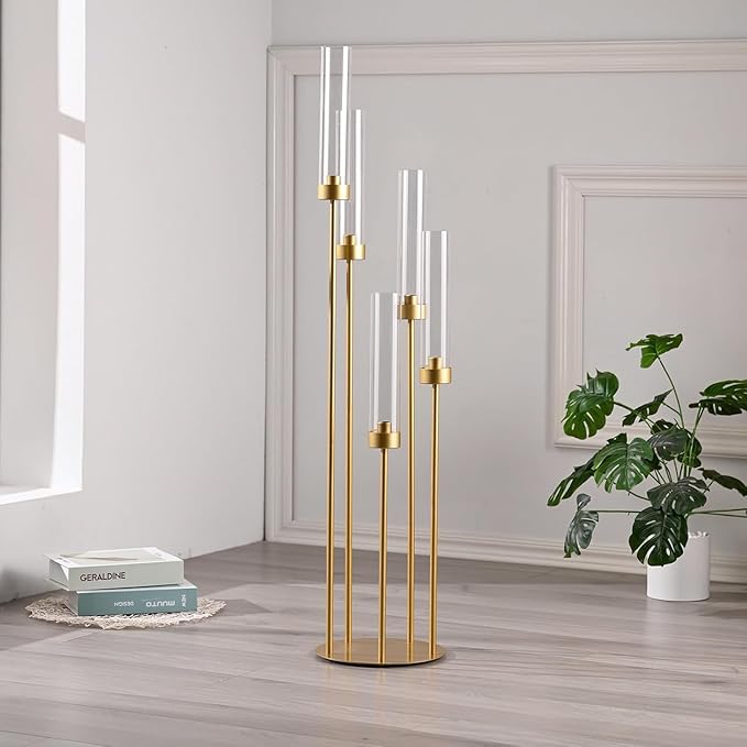 39.4'' Tall Gold Floor Candelabra,Set of 8PCS 5 Arm Candle Holder Tall Floor Candle Holder with Acrylic Lampshade for Wedding Table Birthday Party Home Decoration Fit LED Taper Candles