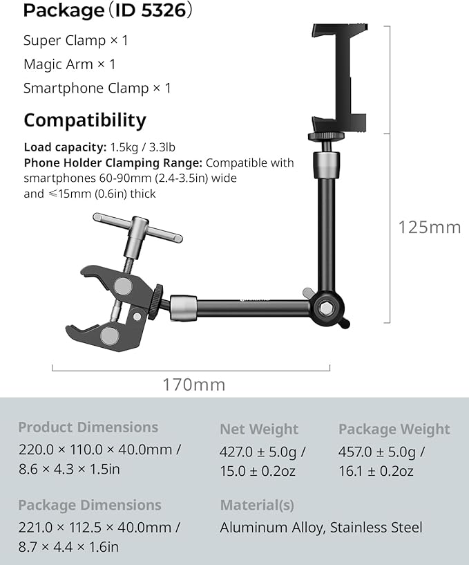 SMALLRIG Clamp w/ 1/4" and 3/8" Thread Holes, 9.8 Inches Adjustable Friction Power Articulating Magic Arm with Phone Holder for Action Cameras, Smartphones, LCD Monitor/LED Lights - 5326