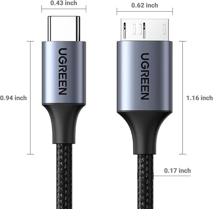 UGREEN 10 Gbps Micro B to USB C Hard Drive Cables, 10FT USB C to Micro B, External Hard Drive Cable Compatible with MacBook Pro/Air, iPad/Tablet, iPhone, Samsung Galaxy S24, WD Seagate etc