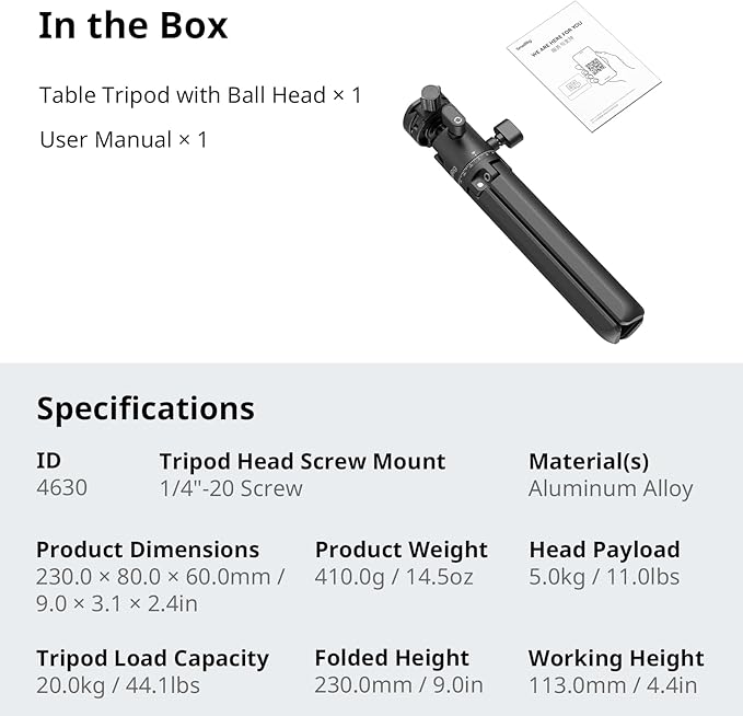 SmallRig Portable Mini Desktop Tripod, Aluminum Alloy Compact Small Tabletop Tripod with 360° Ball Head, 1/4 Screws Quick Release Plate for DSLR,Camera, Phone, Load up to 11 Pounds - 4630