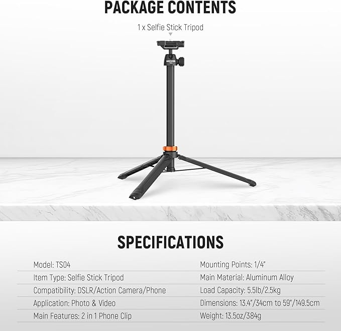 NEEWER Basics 59" Selfie Stick Tripod Compatible with iPhone DLSR Canon Sony Camera, Small Metal Portable Travel Desk Stand for Video Recording Filming, TS04