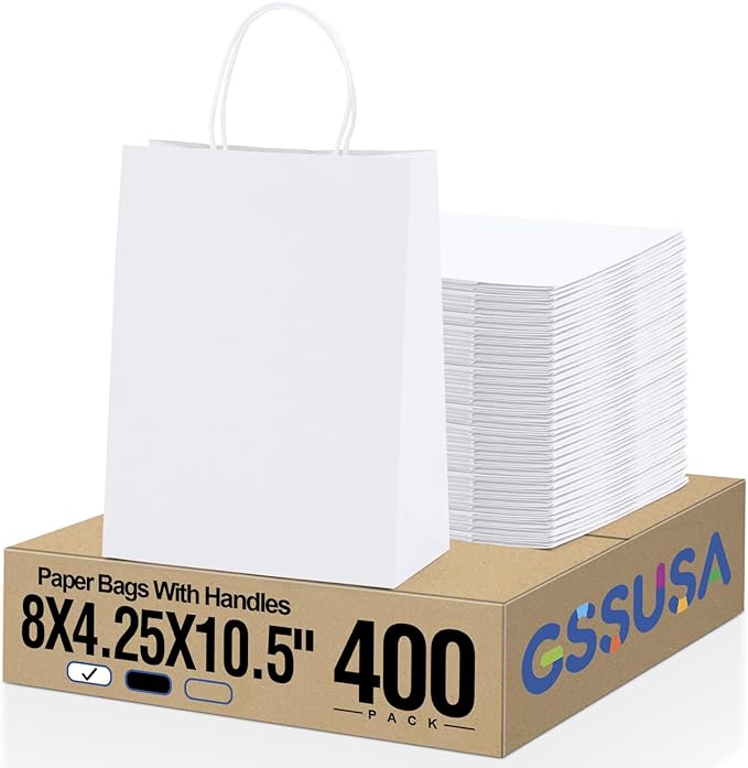 GSSUSA 400 Pack 8x4.25x10'' Paper Bags with Handles Bulk, White Paper Gift Bags for Small Business