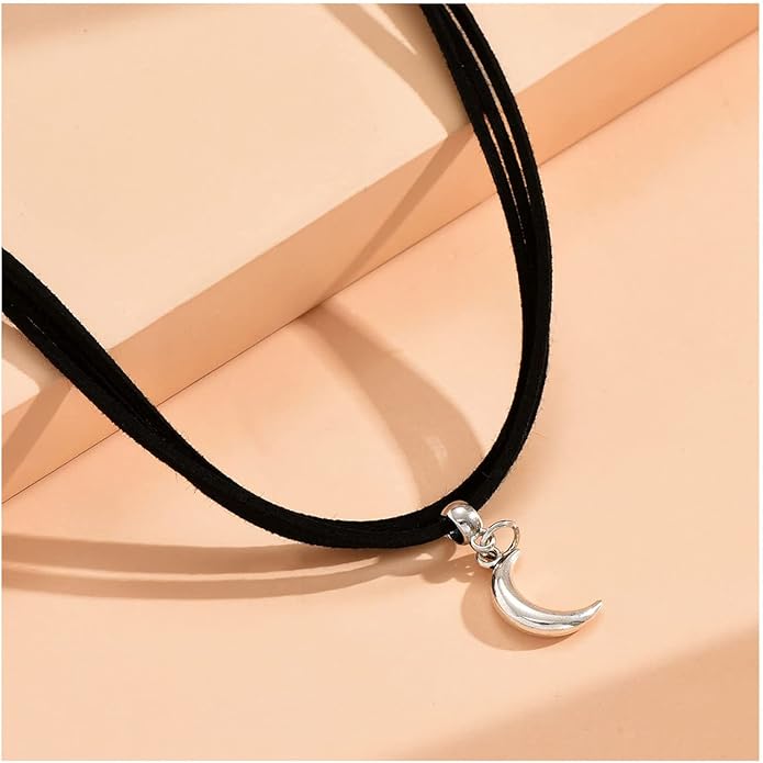 Black Velvet Moon Choker Necklace for Women Gothic Layered Necklaces Pendant Handmade Boho Crescent