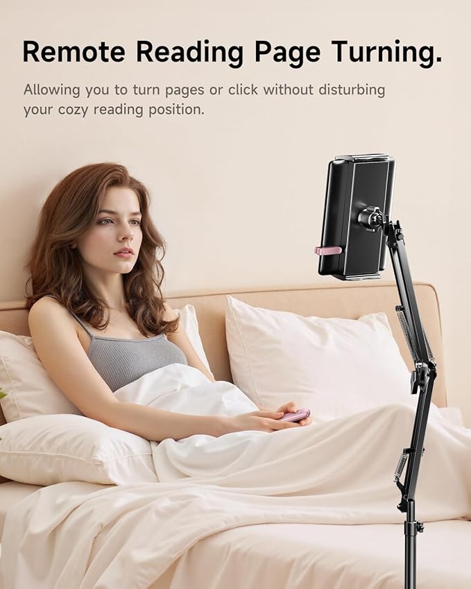 Floor Stand for Kindle with Remote Page Turner, Holder Stand for Reading in Bed with Clicker – for Kindle Paperwhite, Oasis,Tablet, iPhone and More 4.7-11 inch,Pink Remote