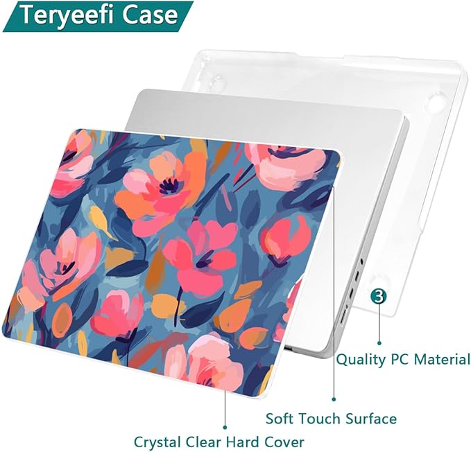 Teryeefi for M4 MacBook Pro 14 inch Case 2024 2023 2021 (M3 A2918 A2992 M2 A2779 M1 A2442 Pro/Max), Hard Shell Cover + Keyboard Cover for 14 inch Mac Pro with Retina XDR Display, Abstract Pink Flower