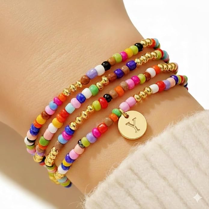 Set of 4 Colorful Bead Initial Bracelets, Personalized Stackable Jewelry, Adjustable Stretchy Charm Bracelets for Women, Beaded Bracelet Set, Trendy Custom Jewelry Gift