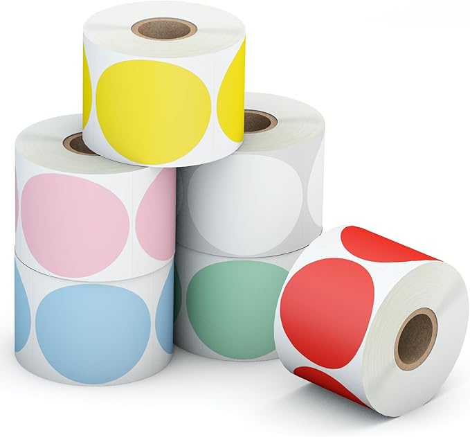 6 Rolls 2 Inch 6-Color Assorted Circle Direct Thermal Stickers Labels, Self-Adhesive Round Direct Thermal Labels for Business, DIY, Code, Name Tag, Envelope Seal - 4500 Labels