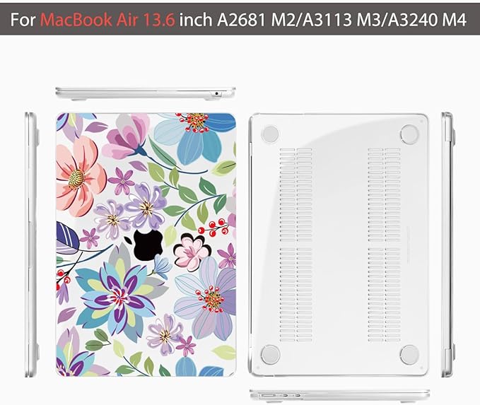 Teryeefi for M4 M3 M2 MacBook Air 13 inch Case 2025 2024 2023 2022 Release A3240 A3113 A2681 Model, for 13.6 inch MacBook Air Hard Shell Case + Keyboard Cover +Type C Adapter, Pretty Flowers Clear-104