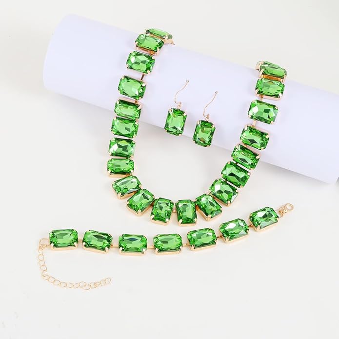 KOSMOS-LI Rectangle Faux Crystal Jewelry Sets Includ Necklace Bracelet Earrings For Women Stocking Stuffers