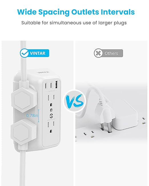 Surge Protector Outlet Extender, VINTAR 6 Outlet Splitter with 3 USB Charging Ports (2 USB C Ports), 900J Multi Plug Outlet Power Strip, 3-Sided USB Wall Charger for Home Office Dorm Room Essentials
