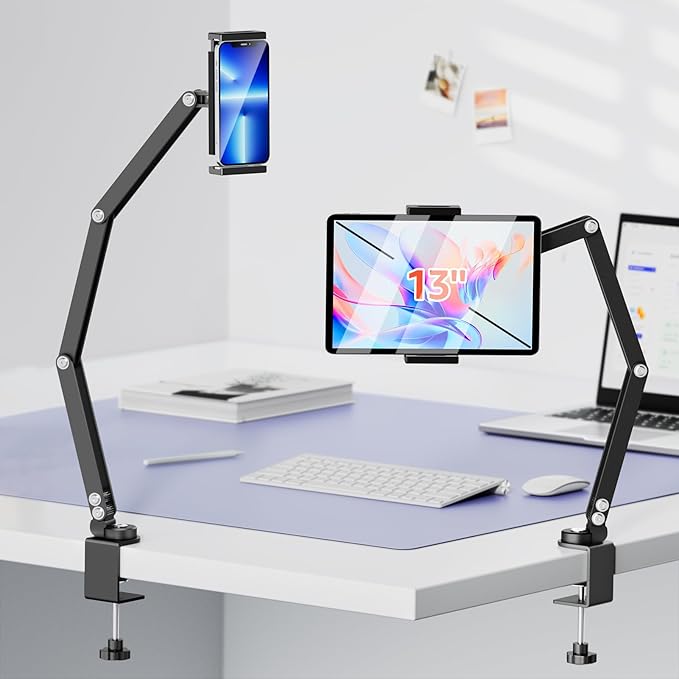 Urmust Tablet Holder Mount with Extendable Arm, Multi-Node Adjustable for 4.7-13" iPad Pro, Air, Galaxy Tab, Kindle Fire, Switch - Universal Tablet Stand for Bed, Desk & Work