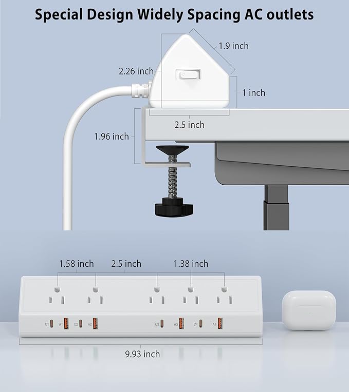 Desk Clamp Power Strip 65W Fast Charging Station,4 PD USB-C,5 Outlets,Nightstand Desk Edge Mount Tower Surge Protector,15 Amp Heavy Duty Power Strip,Fits 1.96" Tabletop Edge (White, 6 FT Cable)
