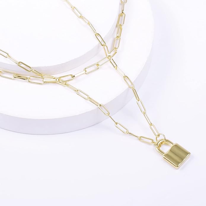BOUTIQUELOVIN 14K Gold Plated Lock Necklace for Women Paperclip Link Chain Padlock Necklace Non-Tarnish