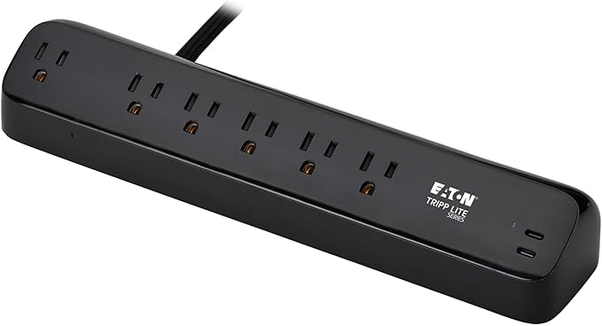 Eaton Tripp Lite series Desk Clamp Power Strip Surge Protector, 6-Outlets, 2x 30W USB-C Charging Ports, 900 Joules, 10ft Braided Flat Extension Cord, Lifetime Manufacturer's Warranty (TLP610U30CLAMPB)