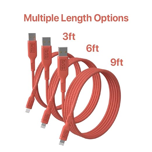 BLACK+DECKER Lightning to USB Cable - Fast Compatible iPhone Lightning Cable - Durable Braided iPhone Charger Cord - for Travel and Daily Use - Multiple Color + Length Options - 3ft