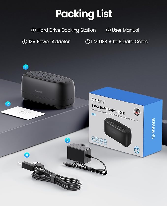ORICO External Hard Drive Docking Station for 2.5/3.5 Inch HDD SSD USB 3.0 to SATA Hard Drive Dock Up to 22TB Support UASP 12V Power Adapter Supply-DD18