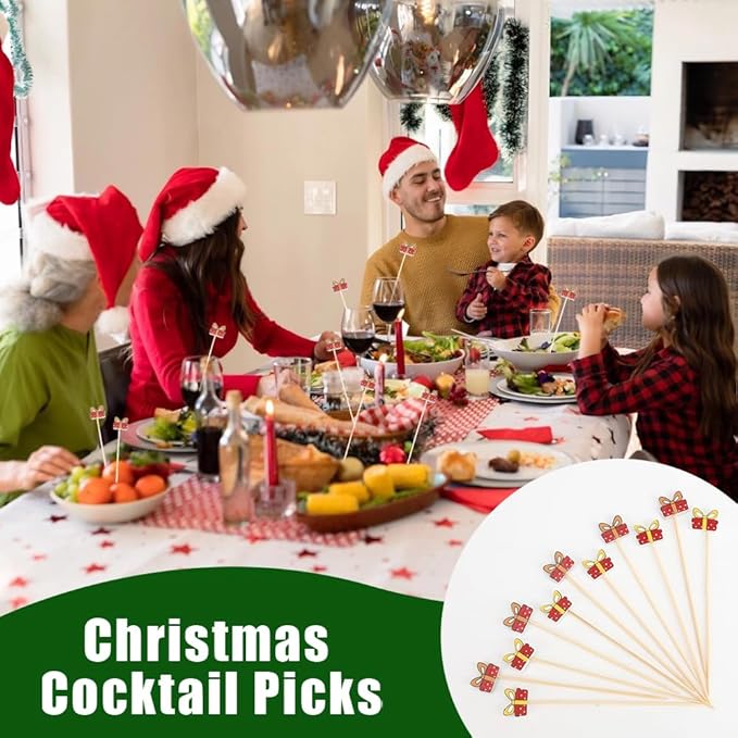Holiday Toothpicks For Appetizers Bamboo Toothpicks 100pcs 4.7inch Gift Box Cocktail Toothpicks Christmas Picks For Food Picks Decorative Toothpicks For Appetizers Cocktail Sticks For Sandwich
