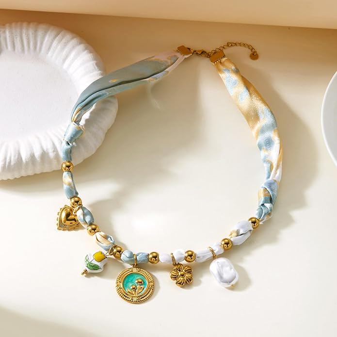 RINHOO FRIENDSHIP Silk Scarf Necklace for Women - Adjustable Boho Vintage Bandana Choker with 18K Non-Tarnish Gold Charms (Assorted Pendants & Patterns) Layered Jewelry Gift Box