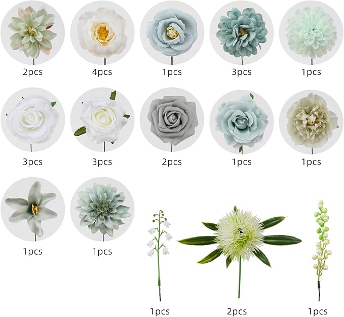 Floweroyal Artificial Flowers Combo Teal Blue Flowers Mix Silk Flowers Dahlia Roses with Stems for DIY Wedding Bridal Bouquets, Baby Shower, Floral Arrangement, Table Centerpieces, Home Decorations.