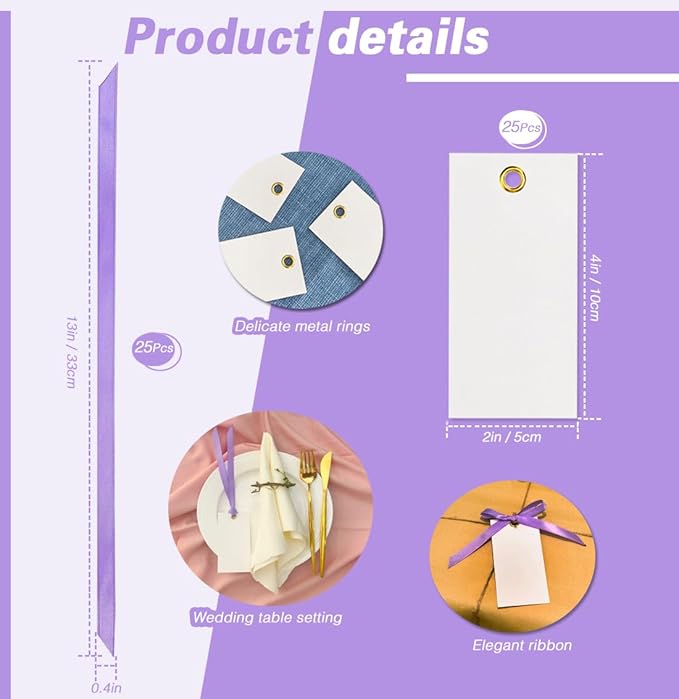 25 Pcs Name Place Cards Blank Seat Card, 2 x 4 in Table Cards with Stain Ribbon, Wedding Place Card, Hanging Tags for Wedding Table Setting Reserved Chairs Signs Dinner Banquet Parties.(Purple)