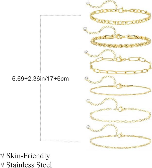 Emibele Gold Bracelets for Women, Dainty Adjustable 14K Gold Plated Bracelet Stack, Elegant Beaded Link Chain Bracelet Sets, Jewelry Gifts for Women