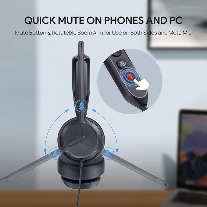 Yealink UH42 USB Headset with Microphone for PC Computer, Wired Headphones Teams Certified, Noise Cancelling Mic, in Line Control, Mute Button, Cable Length 7.05FT, All Day Comfort