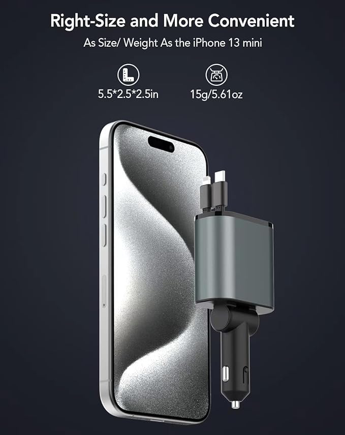 Retractable Car Charger, 4 in 1 Fast Charging 69W, Cigarette Lighter Adapter 2 Retractable iPhone Cables and USB Car Charger,Compatible with iPhone 15/14/13/12/11,Galaxy,Pixel