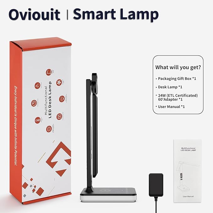 LED Desk Lamp with Charger, USB Charging Port, Dual Swing Arm Desk Light with 5 Brightness, 3 Colors, Table Lamp with Clock, Alarm, Date, Temperature, Desk Lamp for Home Office Study (Black)