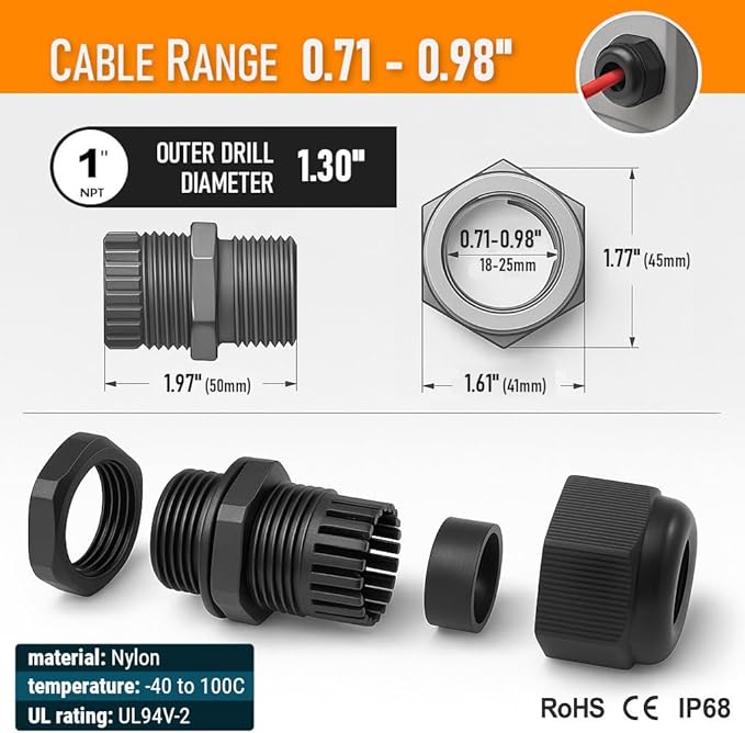 MGI SpeedWare 1" NPT Strain Relief Nylon Cord Grip Cable Glands, Black Plastic Grommet 20-Pack