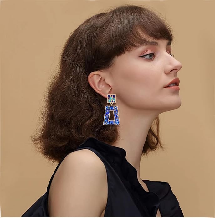 Rhinestone Rectangle Statement Earrings Colorful Crystal Geometric Drop Dangle Earrings for Women Prom Party
