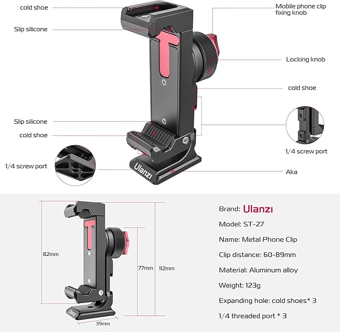 ULANZI ST-27 Phone Tripod Mount, 360° Metal Phone Holder for Tripod w 3 Cold Shoes & Arca Port, Versatile Smartphone Adapter for iPhone 17 16, Desktop Tripods, and Live Streaming/Vlogging Setup