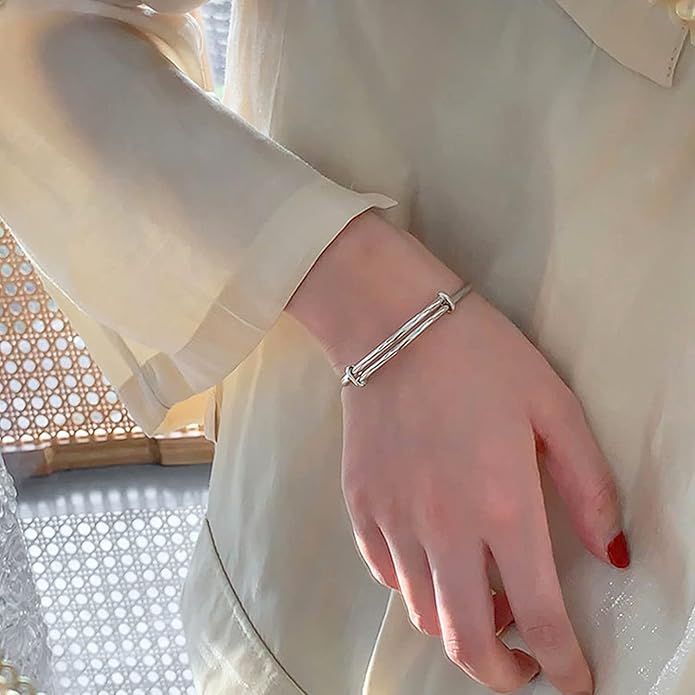 Solid 925 Sterling Silver Bracelets for Women Simple Adjustable Bangle Bracelet