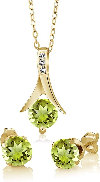 Gem Stone King 18K Yellow Gold Plated Silver Green Peridot and White Diamond Pendant and Earrings Jewelry Set For Women (2.60 Cttw with 18 Inch Chain)