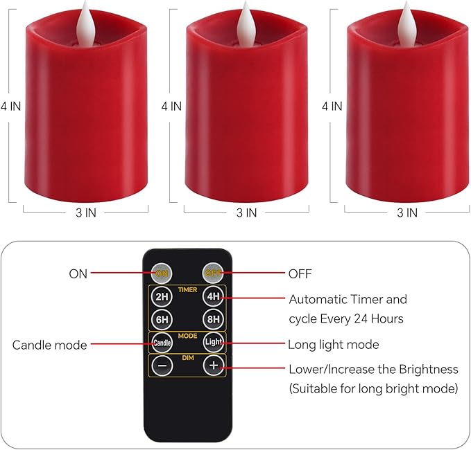 3x4 Flickering Flameless Candles Set of 3,Real Wax Pillar led Candles Flickering,4 inch Flameless Candles with Remote,for Party Wedding Holiday Home Decor,Red