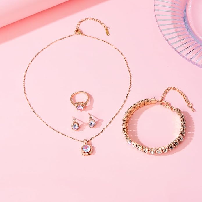 4pcs Cubic Zirconia Wedding Jewelry Sets for Bride Bridesmaid Cubic Zirconia Pendant Necklace Earrings Link Tennis Bracelet Open Ring Set for Women
