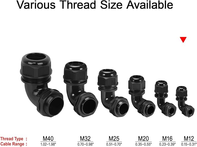 LeMotech M12 Cable Gland, 90 Degree Adjustable 4-8mm Strain Relief, Cord Connectors Nylon Joints with Gaskets, 6 Pcs, Black