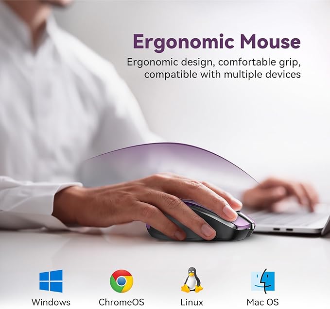 Bluetooth Mouse (BT5.0/3.0 & 2.4G) Rechargeable Wireless Mouse, 4800 DPI Optical Tracking, 6 Adjustable DPI, 2.4GHz with USB A Receiver, Quiet Clicks, Ergonomic Grips, 6 Buttons - Purple