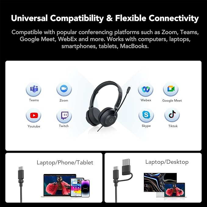 NUROUM HP21 USB Headset with Microphone for PC, AI Noise Cancelling Mic for Work, Wired Headset for Call Center/Office, Mute Button, USB-A/Type-C for Computer/Laptop/Desktop, Compatible w/Zoom/Teams